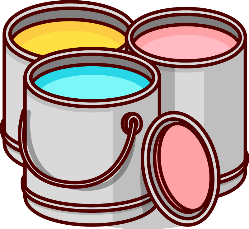 latas con pinturas de color amarillo, azul y rosa