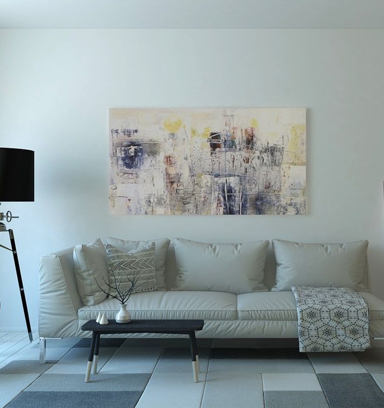pared sofa pared pintada de blanco con cuadro moderno y sofá crudo